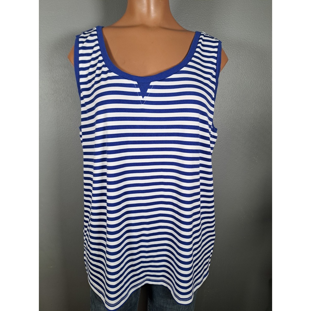 Ellen‎ Tracy Blue White Striped Sleeveless Knit Tank Top V-Notch Neck size L